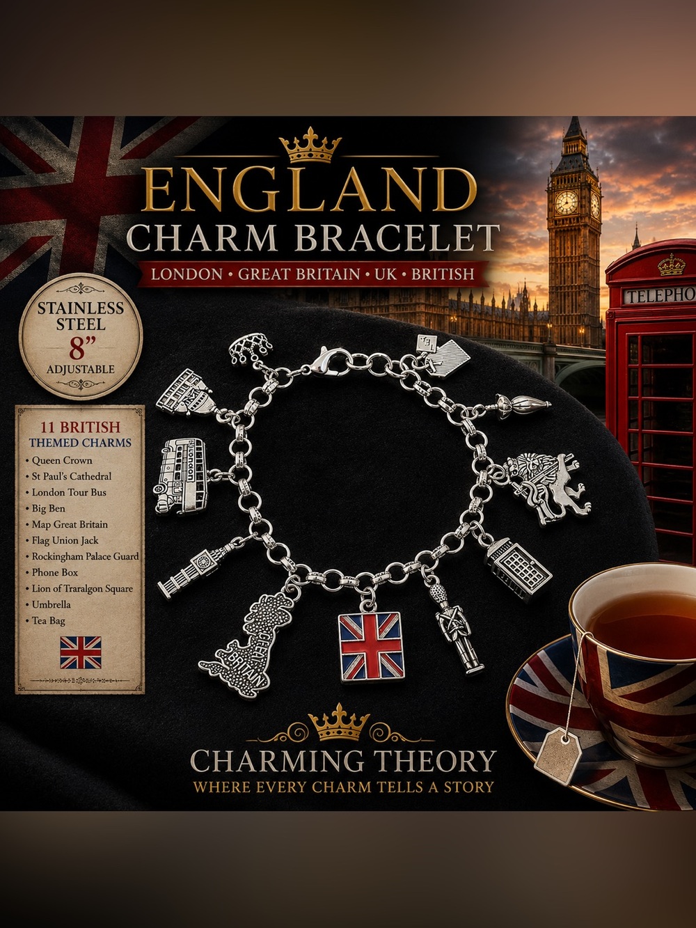 England Charm Bracelet, London Jewelry, Great Britain UK British Charm Bracelet,